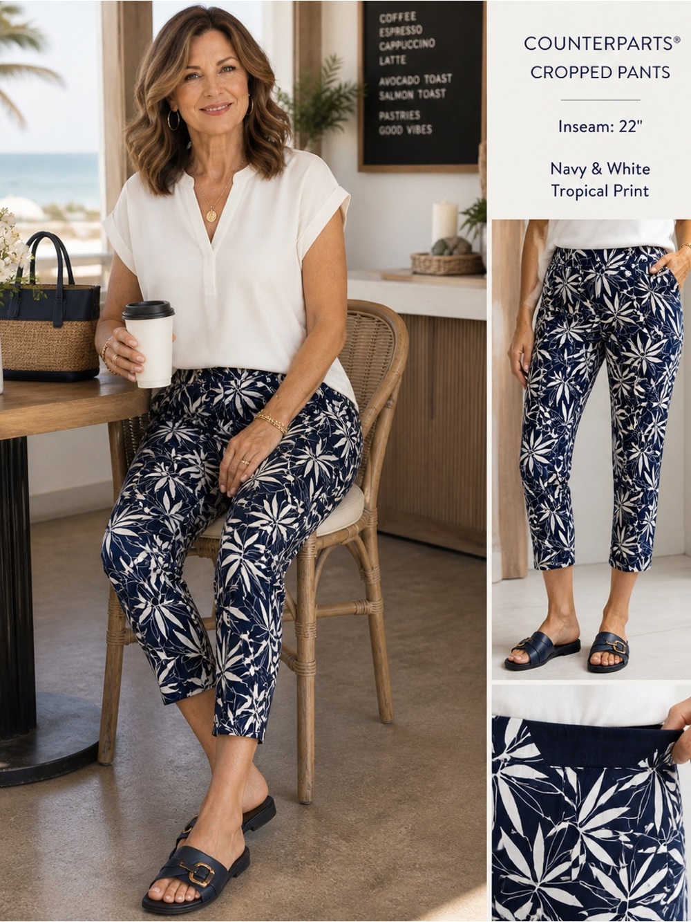 Navy White Tropical Print Cropped Pull-On Pants | Resort Travel